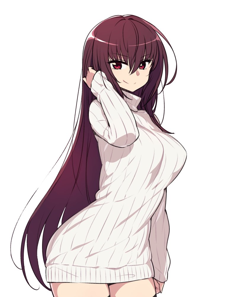 &gt;:) 1girl black_legwear breasts brown_hair chan_co cowboy_shot dress eyebrows_visible_through_hair fate/grand_order fate_(series) hair_between_eyes hair_tucking large_breasts leaning_forward long_hair long_sleeves looking_at_viewer purple_hair red_eyes redhead ribbed_sweater scathach_(fate/grand_order) simple_background sleeves_past_wrists smile solo standing sweater sweater_dress thigh-highs turtleneck turtleneck_sweater upper_body very_long_hair white_background