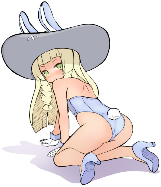 1girl all_fours animal_ears ass back bare_legs blonde_hair blush braid bunny_tail bunnysuit closed_mouth from_behind garoudo_(kadouhan'i) gloves green_eyes hat high_heels legs lillie_(pokemon) long_hair looking_at_viewer looking_back pokemon pokemon_(game) pokemon_sm rabbit_ears simple_background solo sun_hat tail thighs twin_braids white_background