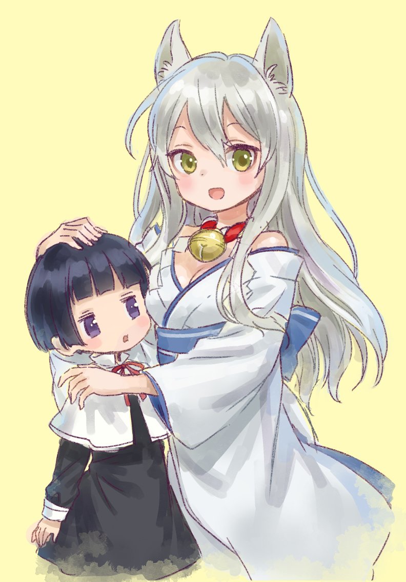 2girls :d ama-tou animal_ears bangs bell bell_collar blunt_bangs blush_stickers bowl_cut breasts capelet child cleavage collar commentary dress ear fox_ears genderswap genderswap_(mtf) gugure!_kokkuri-san hair_between_eyes hand_on_another's_head height_difference hug ichimatsu_kohina japanese_clothes jitome kimono kokkuri-san_(gugukoku) long_hair long_sleeves looking_at_breasts looking_at_viewer medium_breasts multiple_girls neck_ribbon obi open_mouth ribbon sash short_hair silver_hair simple_background sleeve_cuffs smile traditional_clothes violet_eyes wide_sleeves yellow_background yellow_eyes