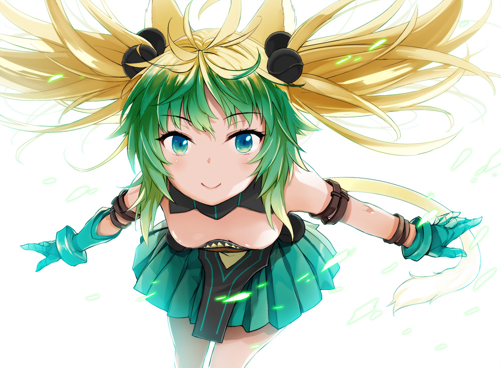 1girl ahoge animal_ears archer_of_red bangs blonde_hair blush breasts closed_mouth downblouse eyebrows_visible_through_hair fate/apocrypha fate/grand_order fate_(series) floating_hair gloves green_eyes green_gloves green_hair green_skirt kusano_houki leaning_forward long_hair looking_at_viewer medium_breasts multicolored_hair pleated_skirt simple_background skirt small_breasts smile solo tail two-tone_hair white_background