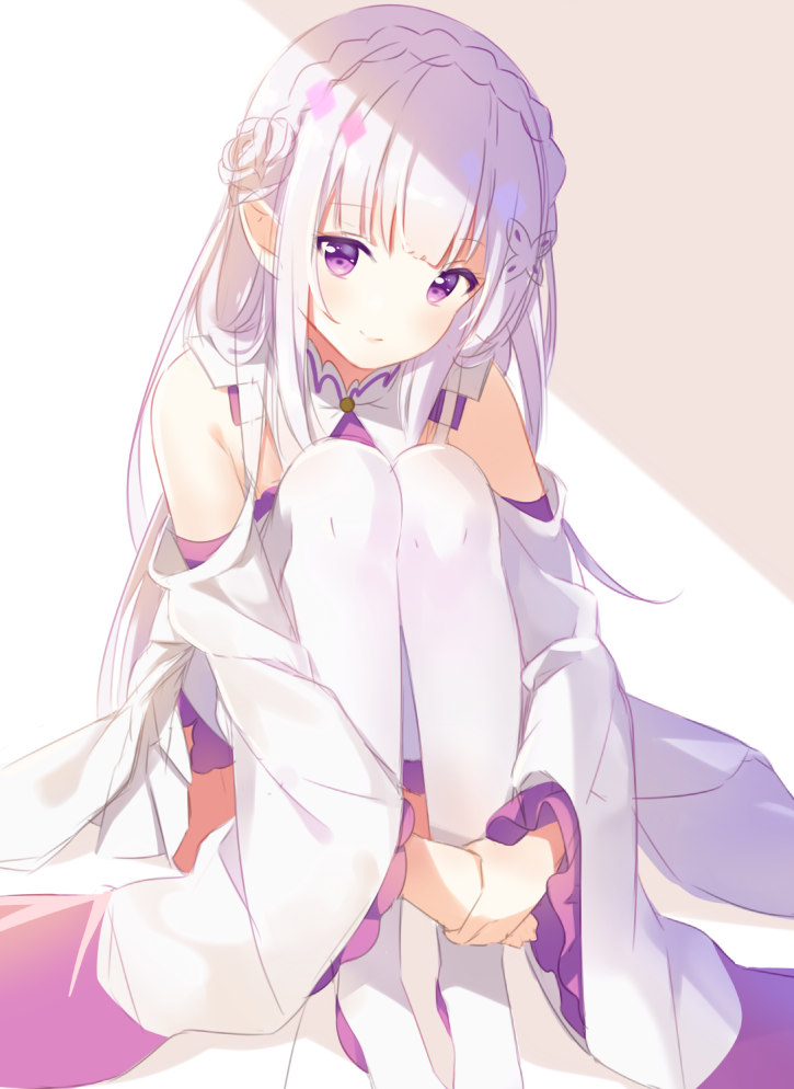 1girl emilia_(re:zero) flower hair_ornament hitsukuya long_hair looking_at_viewer pointy_ears re:zero_kara_hajimeru_isekai_seikatsu silver_hair solo violet_eyes