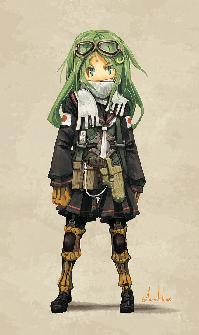 1girl alternate_costume covered_mouth crescent crescent_hair_ornament full_body gloves goggles goggles_on_head green_eyes green_hair gun hair_ornament holster japanese_flag kantai_collection kome long_hair long_sleeves nagatsuki_(kantai_collection) pleated_skirt scarf skirt solo standing twitter_username weapon