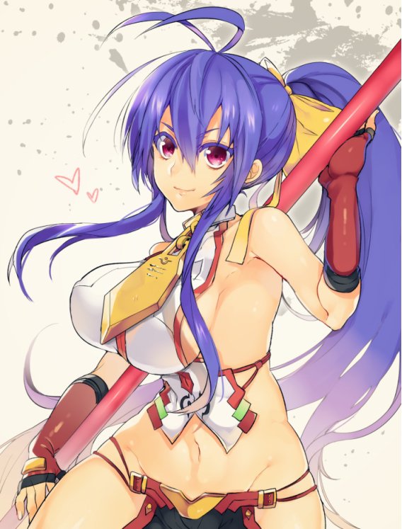 &gt;:) 1girl antenna_hair backless_outfit bangs bare_shoulders behind_back black_pants blazblue blazblue:_central_fiction blue_hair bow breasts cowboy_shot fingerless_gloves genderswap genderswap_(mtf) gloves groin hair_between_eyes hair_bow hair_ribbon halter_top halterneck heart holding holding_weapon large_breasts long_hair lowleg lowleg_pants mai_natsume midriff navel no_bra no_panties outseal pants polearm ponytail red_gloves revealing_clothes ribbon sideboob sidelocks smile solo spear standing thighs uzukinoko very_long_hair violet_eyes weapon yellow_bow