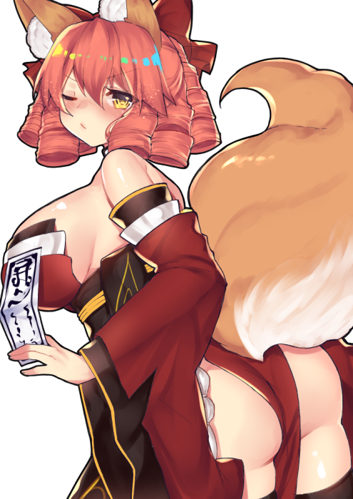 &gt;:c 1girl alternate_color animal_ears ass between_buttocks bow breasts fate/extra fate/grand_order fate_(series) fox_ears fox_tail hair_bow japanese_clothes large_breasts maroon_dress osiimi pink_hair short_hair solo tail tamamo_(fate)_(all) tamamo_no_mae_(fate) wince yellow_eyes