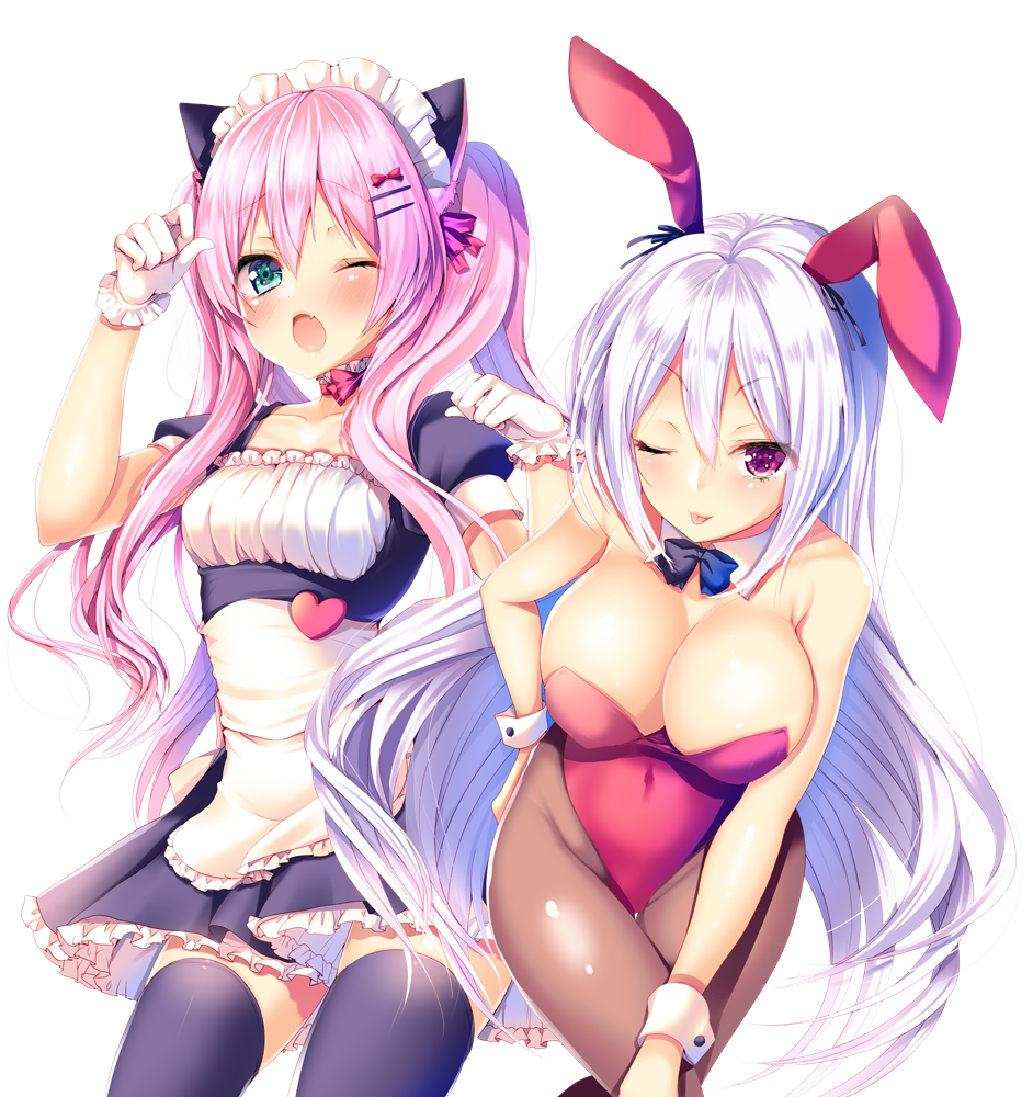 2girls ;o ;p animal_ears apron aqua_eyes ayuma_sayu bangs black_legwear blush bow bowtie breasts bunnysuit cat_ears choker cleavage covered_navel detached_collar dress fang frilled_apron frilled_gloves frilled_ribbon frills gloves hair_ornament hairpin hand_on_hip hand_on_own_knee heart large_breasts lavender_hair leotard long_hair looking_at_viewer maid maid_headdress multiple_girls one_eye_closed original ota-cir_no_hime_to_koi_ga_dekiru_wake_ga_nai. pantyhose paw_pose petticoat pink_hair rabbit_ears ribbon ribbon_choker short_sleeves simple_background thigh-highs tongue tongue_out twintails underbust very_long_hair violet_eyes white_background white_gloves wrist_cuffs