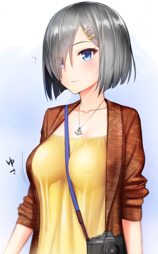 1girl ? anchor_necklace between_breasts blue_eyes breasts camera casual eyes_visible_through_hair grey_hair hair_ornament hair_over_one_eye hairclip hamakaze_(kantai_collection) jewelry kantai_collection kanzaki_muyu large_breasts pendant upper_body