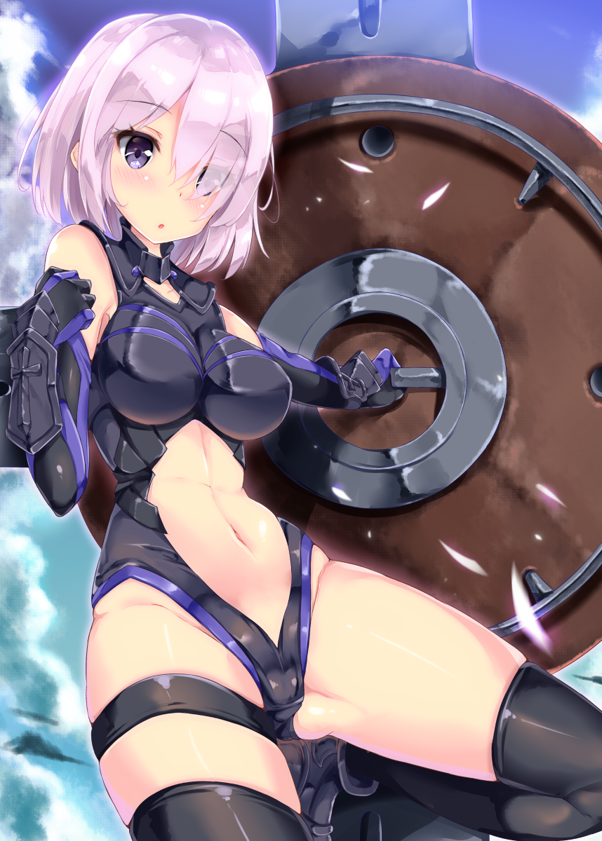 armor armored_dress ass bare_shoulders black_legwear breasts detached_sleeves elbow_gloves eyebrows_visible_through_hair eyes_visible_through_hair fate/grand_order fate_(series) fukuda_shuushi gauntlets gloves gluteal_fold hair_over_one_eye highres large_breasts navel navel_cutout purple_gloves purple_hair shield shielder_(fate/grand_order) short_hair thigh-highs thighs violet_eyes
