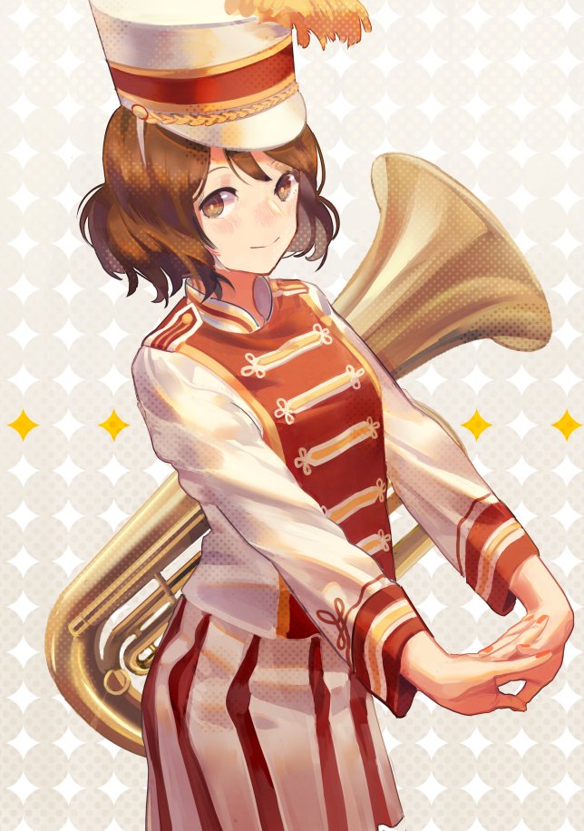 1girl arched_back band_uniform brown_eyes brown_hair cowboy_shot euphonium fingernails hat hat_ornament hat_wings hibike!_euphonium instrument jacket long_sleeves looking_at_viewer medium_hair oumae_kumiko own_hands_together pleated_skirt skirt smile solo top_hat white_jacket white_skirt zicai_tang