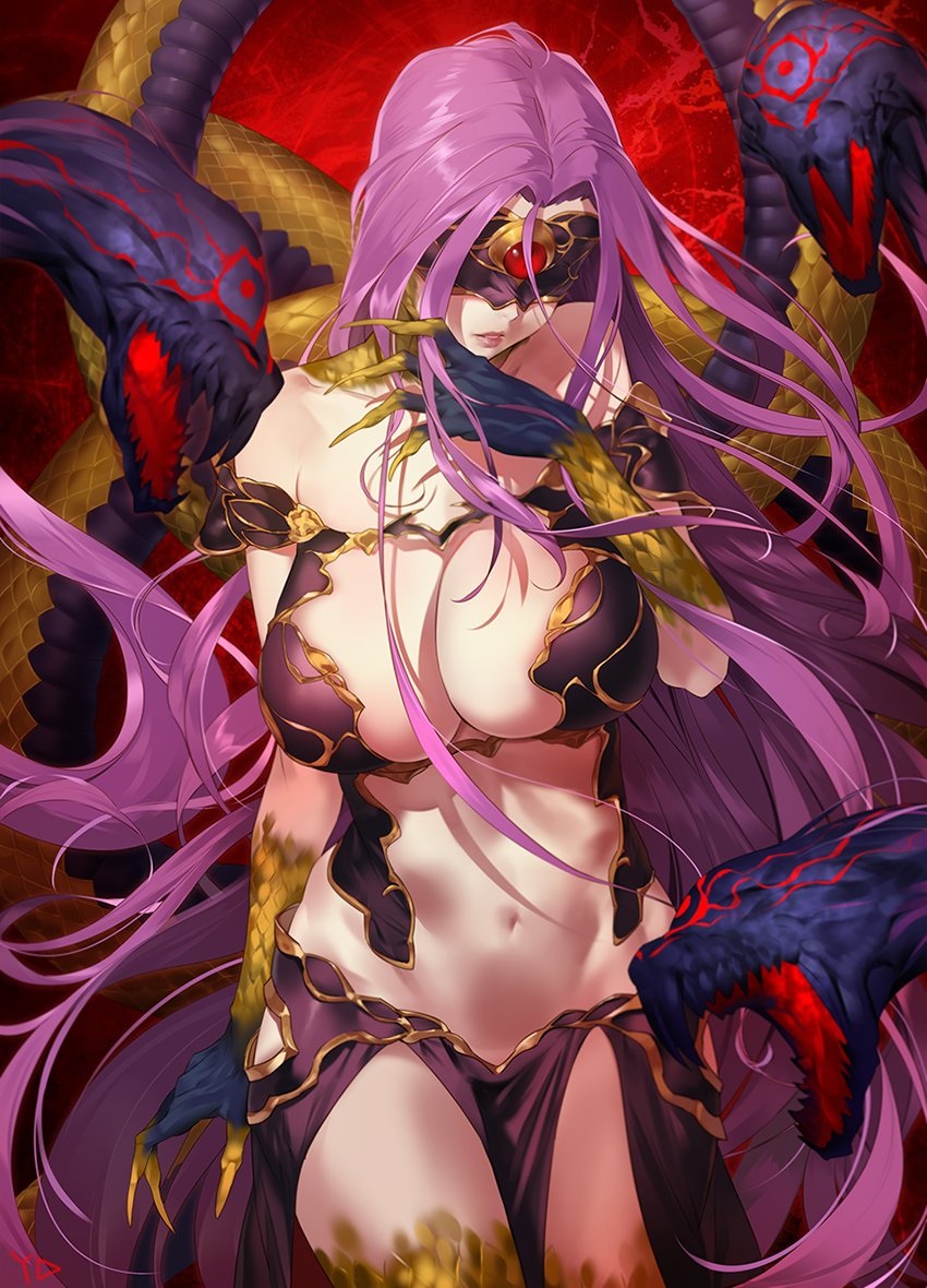 1girl bare_shoulders blindfold breasts claws cleavage fate/grand_order fate_(series) gorgon_(fate) huge_breasts long_hair navel purple_hair rider scales snake solo very_long_hair yang-do