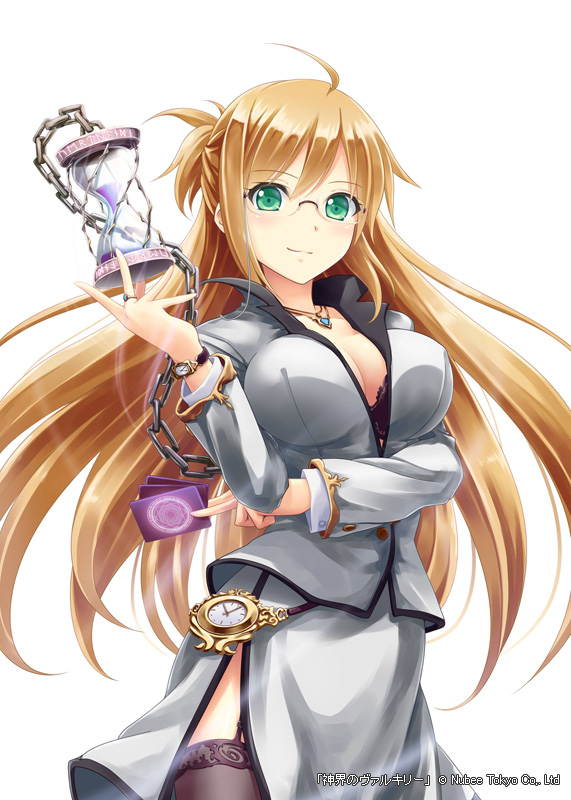 1girl akkijin blonde_hair breasts card chains cleavage clock dress erect_nipples glasses green_eyes jewelry large_breasts long_hair looking_at_viewer necklace shinkai_no_valkyrie smile solo thigh-highs underwear white_dress