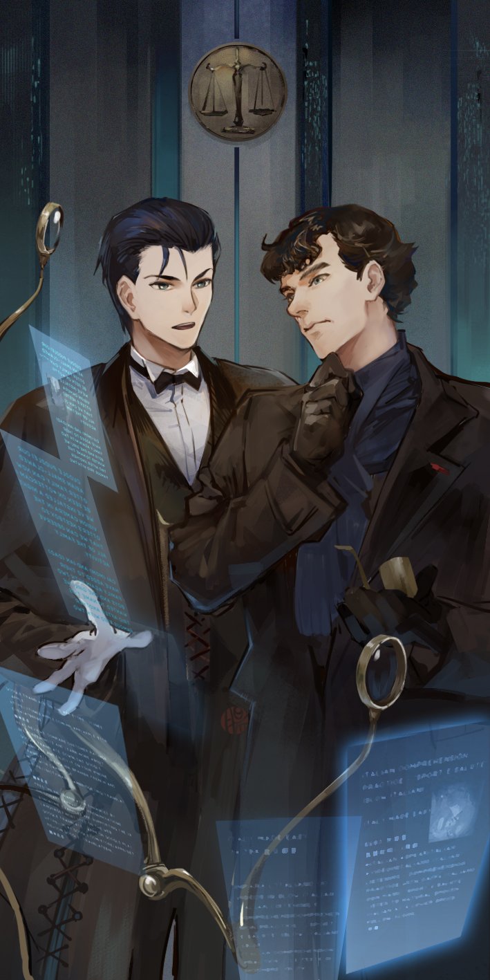 2boys black_gloves black_hair black_jacket bow bowtie formal gloves guttia hair_strand highres holding holding_pipe jacket long_coat male_focus multiple_boys namesake pipe scales screen sherlock_(bbc) sherlock_holmes_(fate/grand_order) sherlock_holmes_(sherlock) wavy_hair white_gloves