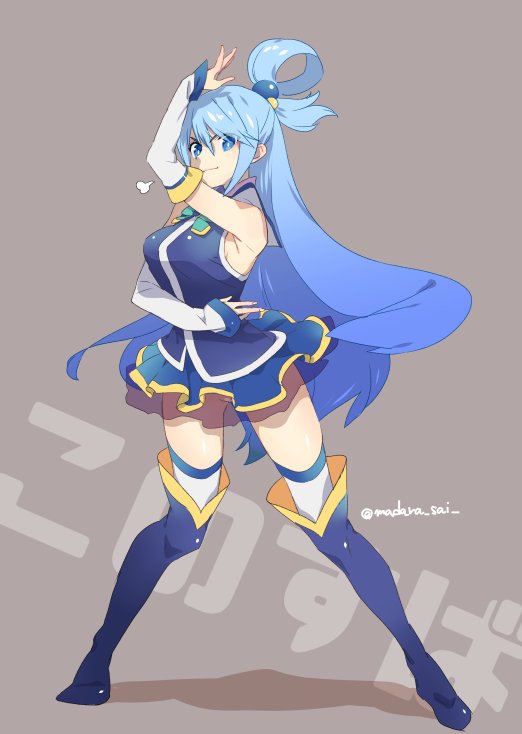 1girl aqua_(konosuba) bare_shoulders blue_eyes blue_hair boots detached_sleeves full_body hair_ornament hair_rings kono_subarashii_sekai_ni_shukufuku_wo! long_hair madara_sai no_panties pose skirt smile solo thigh-highs twitter_username very_long_hair