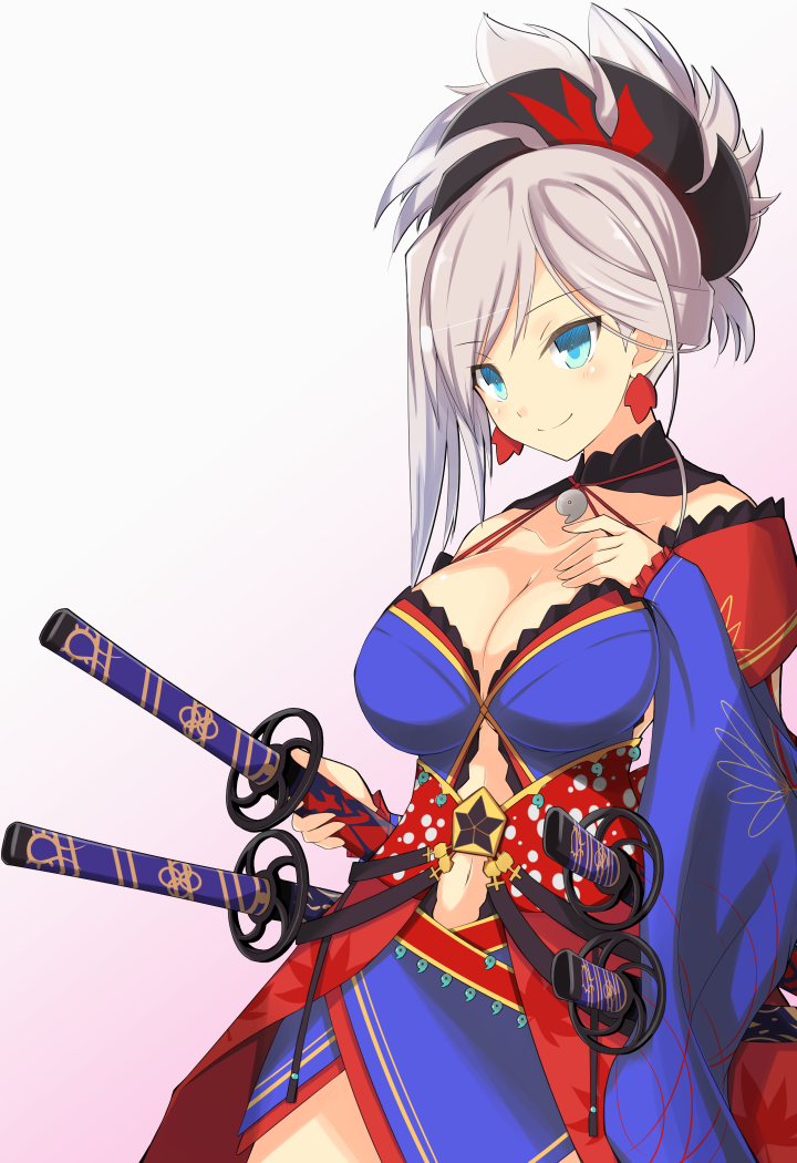 1girl blue_eyes blush breasts detached_sleeves earrings fate/grand_order fate_(series) gradient gradient_background hair_ornament hand_on_own_chest japanese_clothes jewelry katana kimono kyuchan large_breasts looking_at_viewer miyamoto_musashi_(fate/grand_order) obi ponytail sash smile solo sword weapon