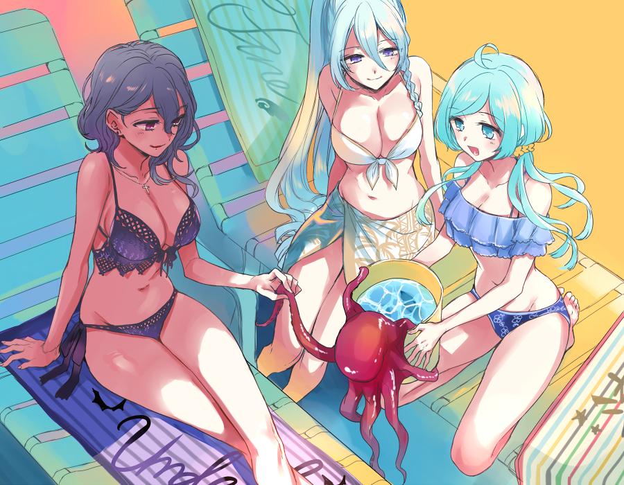 3girls :d animal aqua_eyes aqua_hair arm_at_side arms_at_sides bangs bare_arms bare_shoulders beach_chair bikini blue_bikini braid breasts bucket cleavage closed_mouth cross cross_necklace earrings ensemble_stars! epuko eyelashes from_above front-tie_bikini front-tie_top genderswap genderswap_(mtf) gradient groin group_name hair_between_eyes hair_ornament hair_scrunchie halter_top halterneck hibiki_wataru high_ponytail holding jewelry large_breasts legs_crossed low_twintails medium_breasts multiple_girls navel necklace octopus off_shoulder open_mouth ponytail purple_bikini sakuma_rei_(ensemble_stars!) sarong scrunchie seiza shade shino_hajime side-tie_bikini side_braid sideboob signature sitting skindentation smile spaghetti_strap stomach striped stud_earrings swimsuit towel twintails violet_eyes water white_bikini