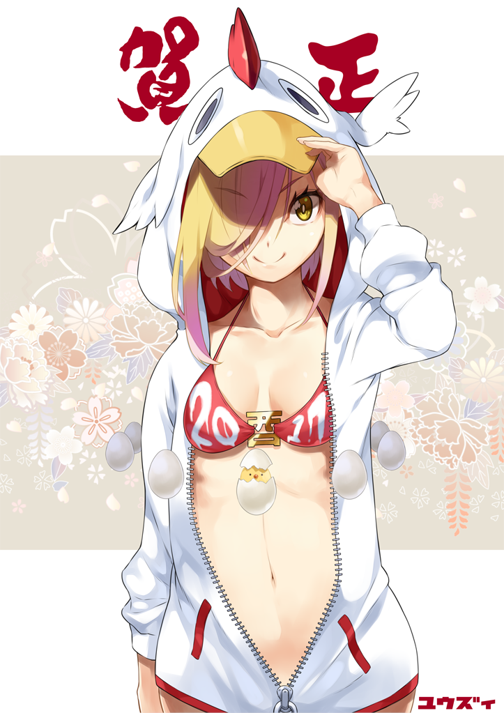 1girl 2017 animal_hood artist_name blonde_hair breasts hair_over_one_eyes hood hoodie looking_at_viewer nengajou new_year original short_hair smile solo swimsuit unzipped year_of_the_rooster yellow_eyes yuuzii