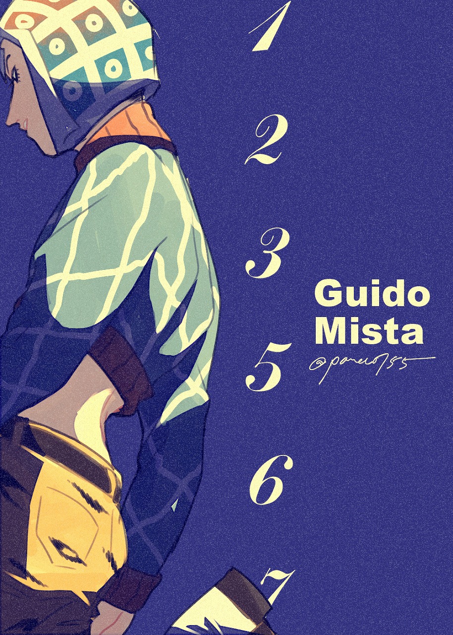 1boy belt character_name crop_top from_side guido_mista hat highres jojo_no_kimyou_na_bouken male_focus midriff pamasan pants profile solo turtleneck twitter_username