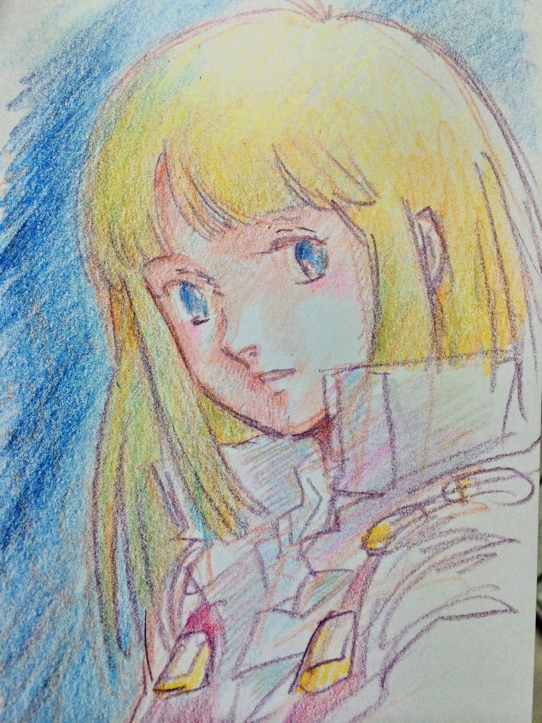 1girl alfin bangs blonde_hair blue_background blue_eyes crayon_(medium) crusher_joe jacket nishimura_nobuyoshi photo red_jacket simple_background solo traditional_media