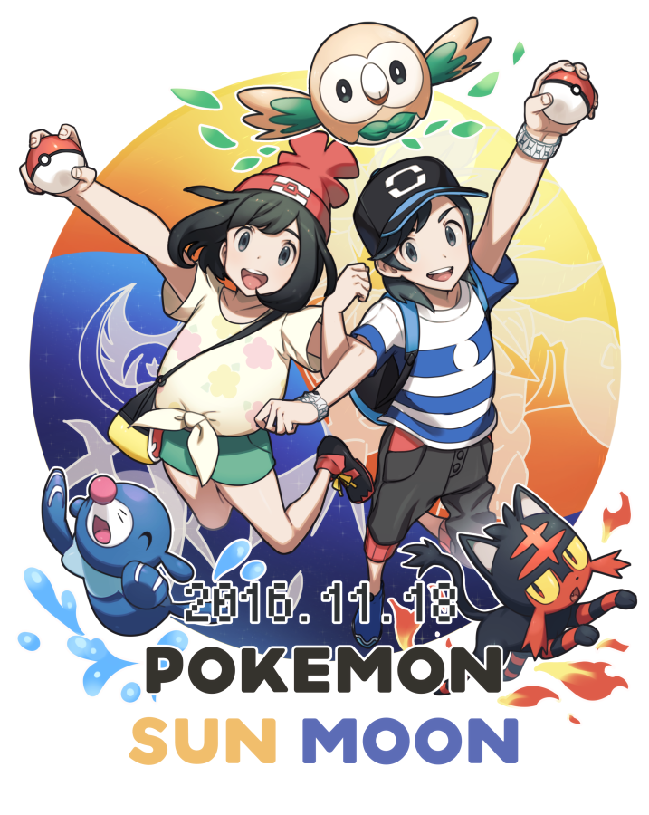 1boy 1girl arm_up backpack bag bangs baseball_cap beanie black_hair black_hat capri_pants copyright_name female_protagonist_(pokemon_sm) fire floral_print green_shorts grey_eyes hat jumping leaf litten locked_arms male_protagonist_(pokemon_sm) messenger_bag mimizubare pants pokemon pokemon_(game) pokemon_sm popplio red_hat rowlet shirt shoes short_hair short_sleeves shorts shoulder_bag smile sneakers striped striped_shirt swept_bangs t-shirt tied_shirt water wide_sleeves z-ring