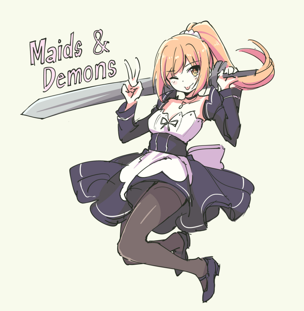 1girl ;p apron blonde_hair breasts brown_eyes choker copyright_name detached_sleeves full_body jewelry maid maids_&amp;_demons necklace one_eye_closed over_shoulder pantyhose pas_(paxiti) ponytail sash scrunchie sketch small_breasts solo sword tongue tongue_out v waist_apron weapon weapon_over_shoulder