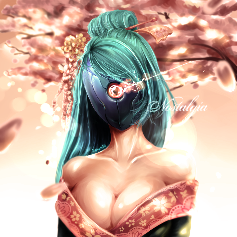 1girl bare_shoulders breasts cleavage collarbone cyborg cyclops detached_sleeves geisha glowing glowing_eye green_hair hair_ornament hairpin half_updo hannah_santos japanese_clothes kimono large_breasts long_hair off_shoulder one-eyed original pink_background red_eyes solo