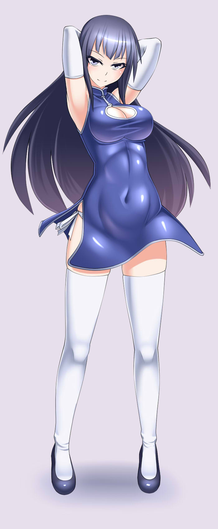 1girl breasts china_dress chinese_clothes cleavage cleavage_cutout clothed_navel covered_navel dress elbow_gloves gloves highres kurosaka_miori long_hair looking_at_viewer meian myouan original purple_hair smile solo thigh-highs white_legwear