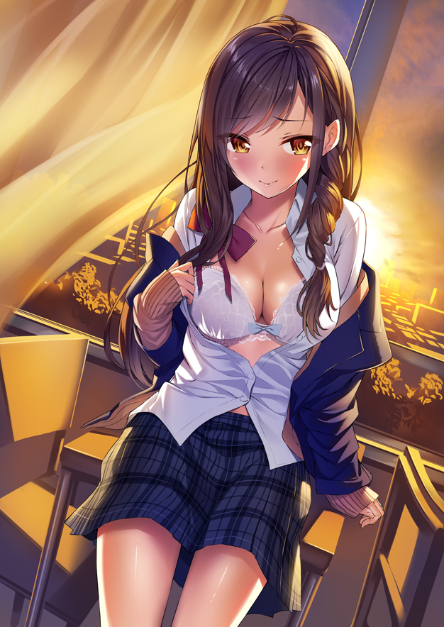 1girl arm_at_side arm_support backlighting bangs blazer blue_jacket blue_skirt blush bow bow_bra bowtie bra braid breasts brown_hair building buttons cardigan chair city classroom cleavage clouds cloudy_sky collarbone collared_shirt come_hither cowboy_shot curtains desk dress_shirt eyebrows_visible_through_hair glass hair_tie heirou indoors jacket lace lace-trimmed_bra long_hair long_sleeves medium_breasts miniskirt off_shoulder on_desk open_blazer open_clothes open_jacket original partially_unbuttoned partially_undressed plaid plaid_skirt plant red_bow red_bowtie school_desk school_uniform shirt sitting skirt sky sleeves_past_wrists solo sun sunset swept_bangs twilight underwear white_bra white_shirt wind window