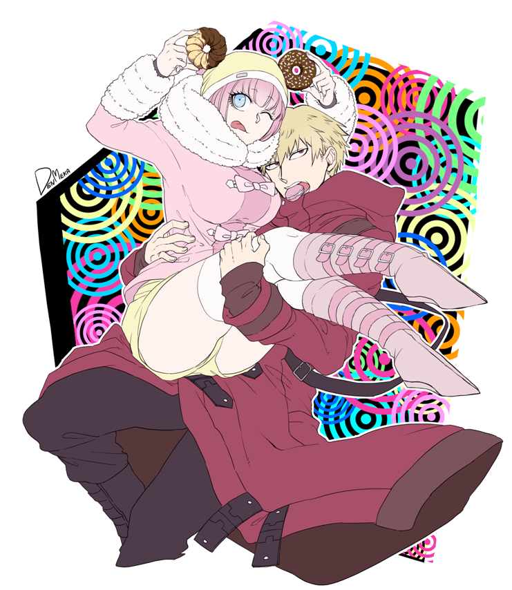 1boy 1girl ;p andou_ruruka beanie blonde_hair blue_eyes carrying coat couple dangan_ronpa dangan_ronpa_3 den1208 doughnut eating food hat izayoi_sounosuke long_coat macaron one_eye_closed pink_coat pink_hair princess_carry red_coat red_eyes short_hair shorts signature smile tongue tongue_out yellow_hat yellow_shorts