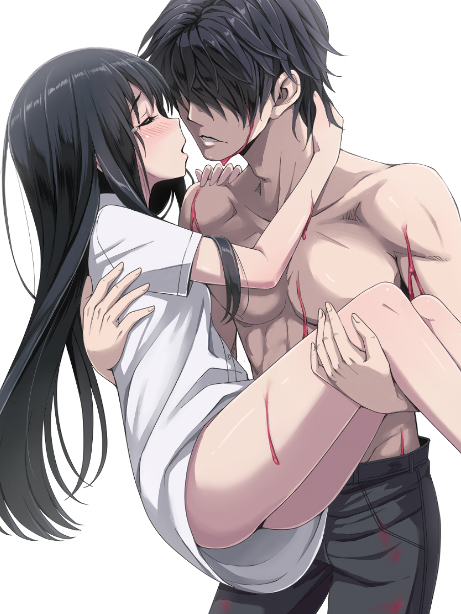 1boy 1girl bangs black_hair blood blood_on_face blush carrying closed_eyes dress_shirt facing_another hair_over_eyes highres kimagure_blue long_hair naked_shirt open_mouth original parted_lips pectorals princess_carry shirt shirtless short_sleeves simple_background tears thighs toned toned_male white_background