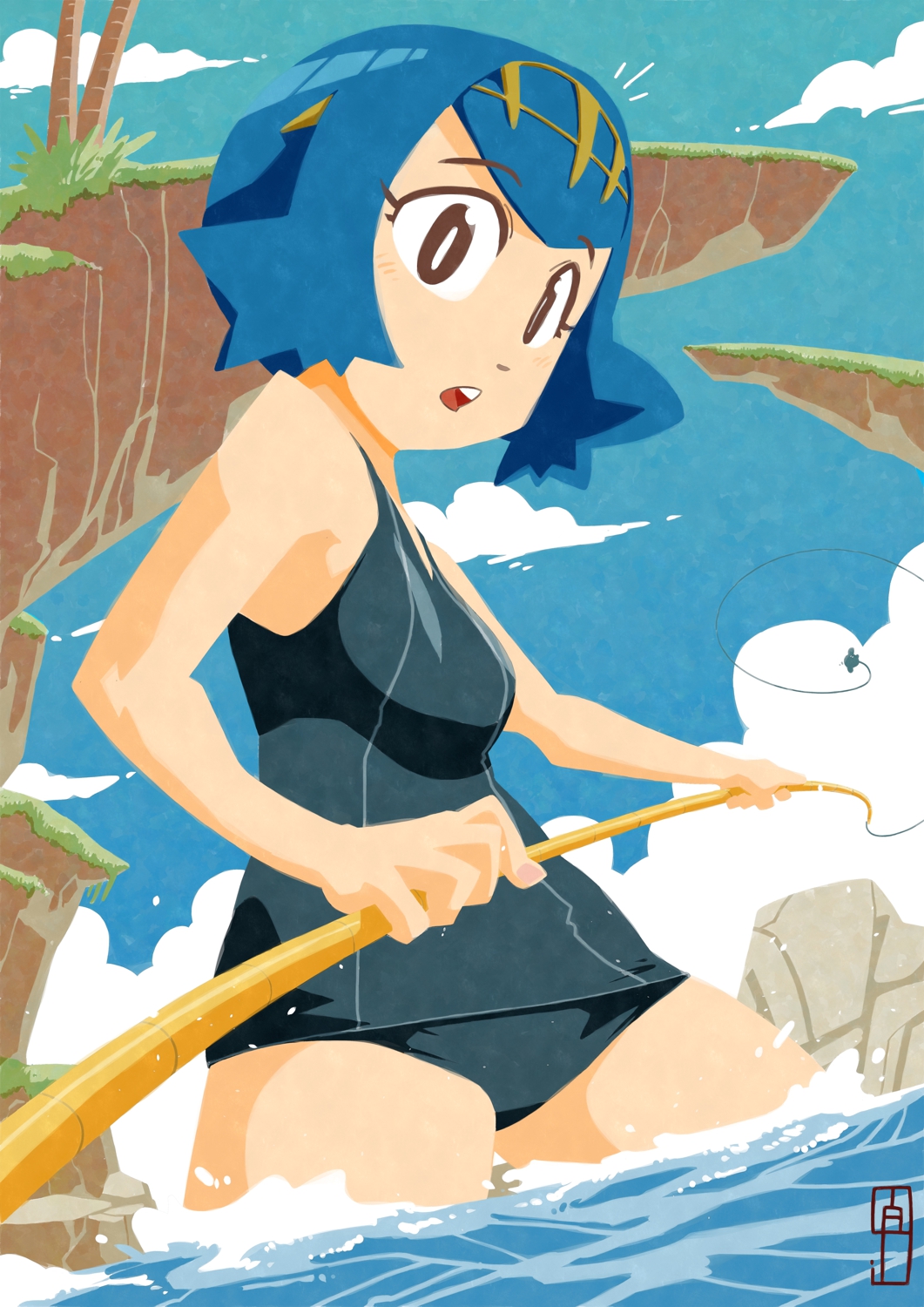 1girl :o bangs bare_arms bare_shoulders black_eyes black_swimsuit blue_hair blue_sky breasts bright_pupils chawalit_adsawawalanon cliff clouds day eyebrows_visible_through_hair eyelashes fishing_rod grass hairband highres holding medium_breasts one-piece_swimsuit open_mouth outdoors palm_tree pokemon pokemon_(game) pokemon_sm school_swimsuit short_hair sky solo standing suiren_(pokemon) swimsuit teeth tree trial_captain wading water