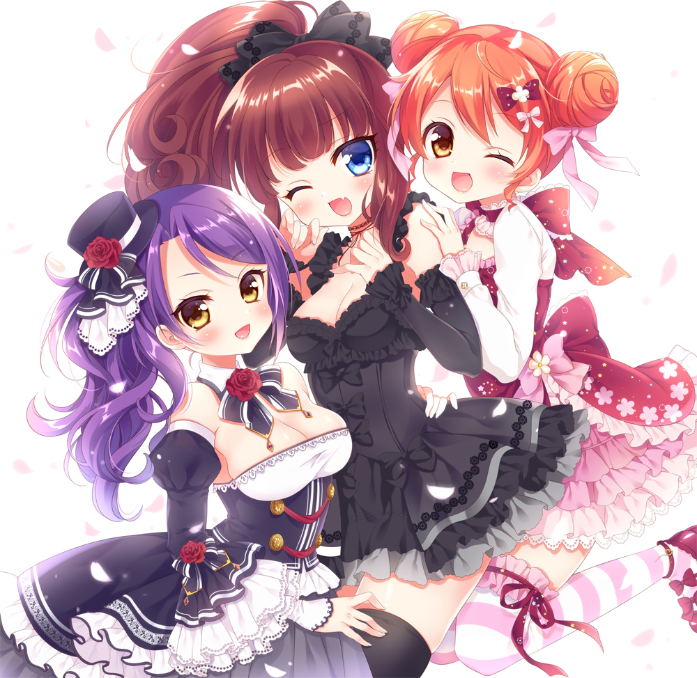 3girls :d ;d bangs black_dress black_legwear blue_eyes blush bow breasts brown_hair cleavage commentary_request detached_collar detached_sleeves double_bun dress fang flower frilled_dress frilled_sleeves frills hair_bow hand_on_another's_shoulder hat hat_flower kurosu_aroma long_hair long_sleeves looking_at_viewer medium_breasts mini_hat mini_top_hat mitsuba_choco multiple_girls one_eye_closed one_leg_raised open_mouth orange_hair petals ponytail pripara purple_hair rose shiratama_mikan shoes short_hair side_ponytail simple_background smile striped striped_legwear thigh-highs top_hat toudou_shion white_background yellow_eyes