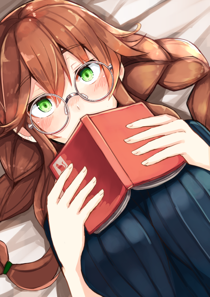 1girl arms_at_sides bangs bed_sheet bespectacled blush book braid breasts brown_hair cleavage close-up covered_mouth covering_mouth dutch_angle ear_blush eyebrows_visible_through_hair from_above glasses green_eyes hair_between_eyes hair_flaps hands_up holding holding_book kantai_collection large_breasts long_hair looking_at_viewer lying nose_blush noshiro_(kantai_collection) on_back open_book plan_(planhaplalan) ribbed_sweater round_glasses solo sweater twin_braids