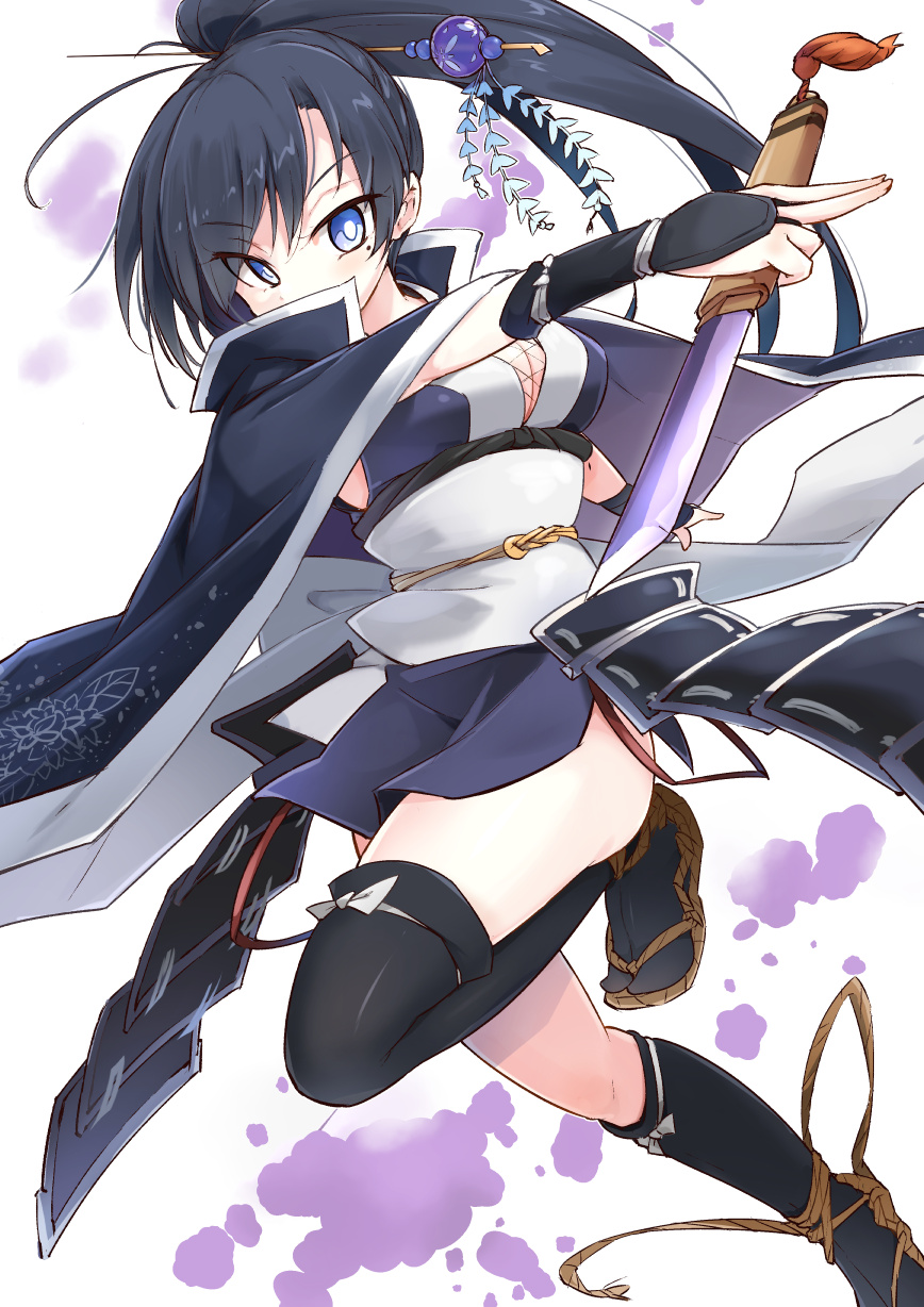 1girl black_hair blue_eyes breasts cape capelet cleavage covered_mouth highres large_breasts ninja original ponytail senhappyaku solo sword thigh-highs weapon