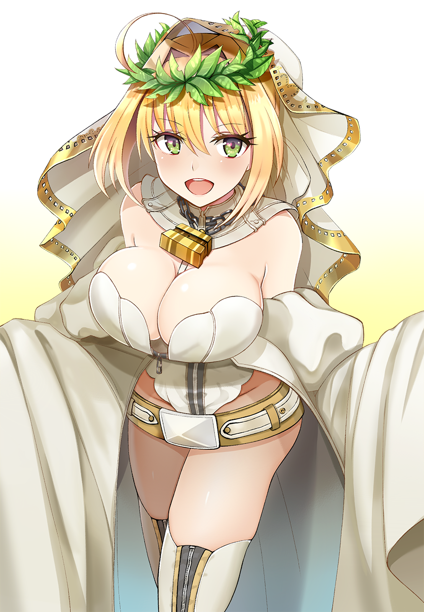 belt blonde_hair blush boots breasts bridal_veil cleavage fate/extra fate/extra_ccc fate/grand_order fate_(series) green_eyes groin highres katagiri_(giri_77) large_breasts laurel_crown lock looking_at_viewer saber_bride saber_extra thigh-highs thigh_boots veil