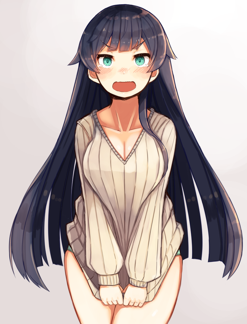 1girl agano_(kantai_collection) alternate_costume aqua_eyes aqua_panties bare_legs black_hair blush breasts cleavage clothes_tug collarbone covering_crotch embarrassed eyebrows_visible_through_hair gradient_background green_panties kantai_collection large_breasts long_hair long_sleeves looking_at_viewer open_mouth panties plan_(planhaplalan) ribbed_sweater short_eyebrows simple_background solo sweater sweater_tug tears underwear wavy_mouth