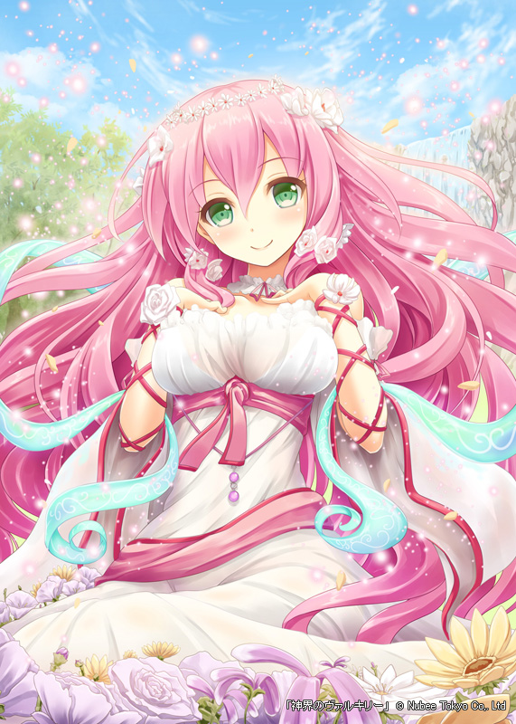 1girl akkijin bare_shoulders blue_sky blush breast_suppress breasts cleavage dress flower green_eyes hair_flower hair_ornament head_wreath long_hair looking_at_viewer pink_hair shinkai_no_valkyrie sitting sky smile solo water waterfall white_dress