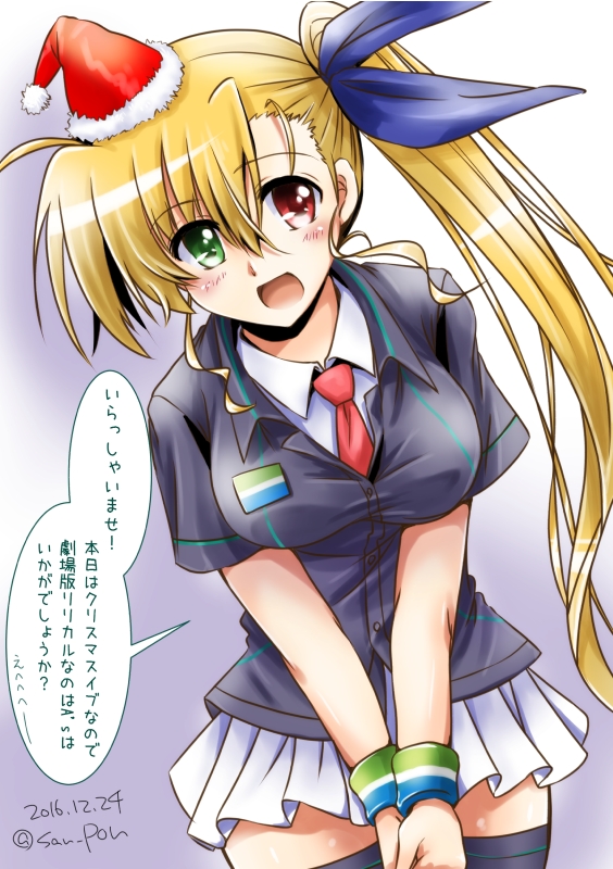 1girl :o blonde_hair blush breasts dasuto dated green_eyes hair_ribbon hat heterochromia large_breasts long_hair looking_at_viewer lyrical_nanoha mahou_shoujo_lyrical_nanoha_vivid mini_hat mini_santa_hat miniskirt necktie older pleated_skirt red_eyes ribbon santa_hat side_ponytail skirt solo thigh-highs translation_request twitter_username very_long_hair wristband