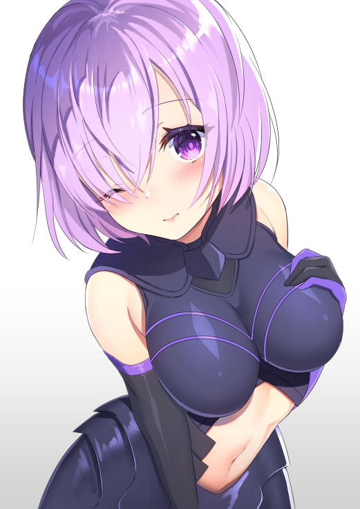 1girl 3: 3; armor armored_dress bangs black_gloves blush breasts cleavage closed_mouth elbow_gloves eyebrows_visible_through_hair fate/grand_order fate_(series) gloves gradient gradient_background hair_over_one_eye hand_on_own_chest impossible_clothes large_breasts lavender_hair looking_at_viewer navel navel_cutout one_eye_closed purple_hair sanashiro shielder_(fate/grand_order) short_hair solo violet_eyes white_background