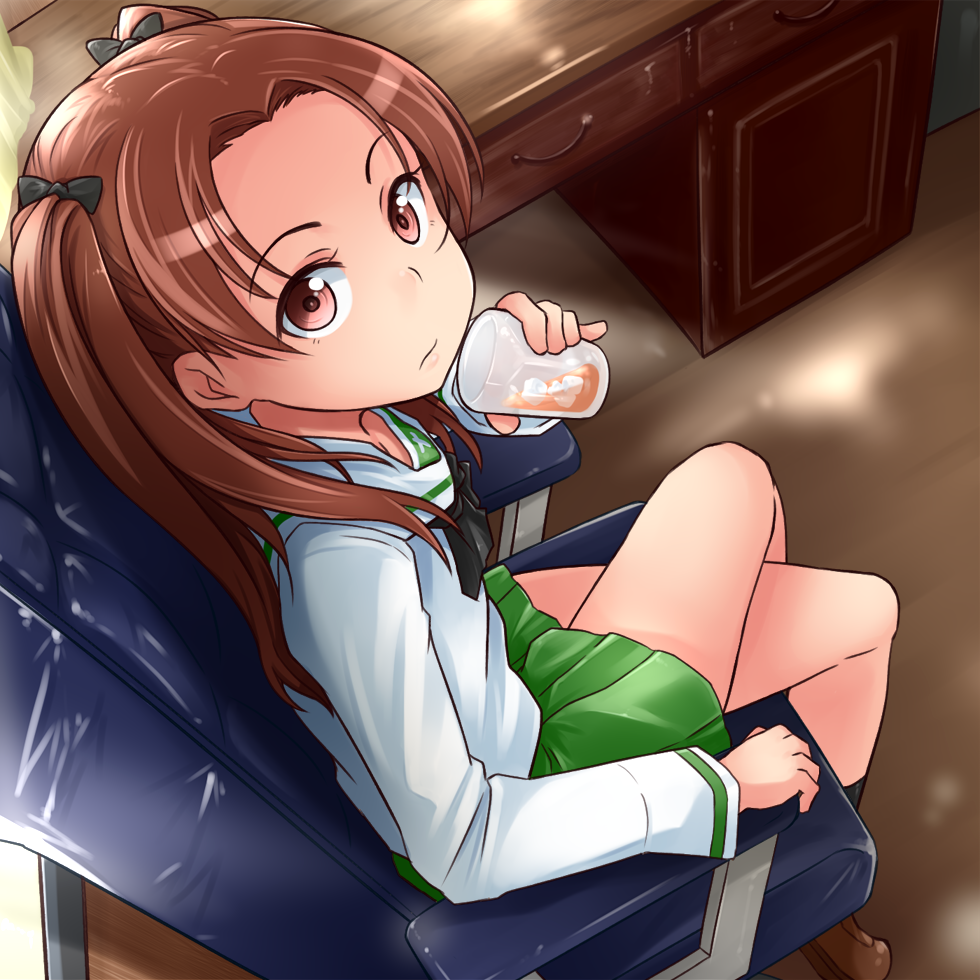 1girl bangs black_legwear black_ribbon blouse brown_eyes brown_hair brown_shoes chair closed_mouth desk from_above from_side girls_und_panzer glass green_skirt hair_ribbon holding indoors kadotani_anzu kitayama_miuki legs_crossed loafers long_hair long_sleeves looking_at_viewer miniskirt neckerchief parted_bangs pleated_skirt ribbon school_uniform serafuku shoes sitting skirt socks solo twintails white_blouse