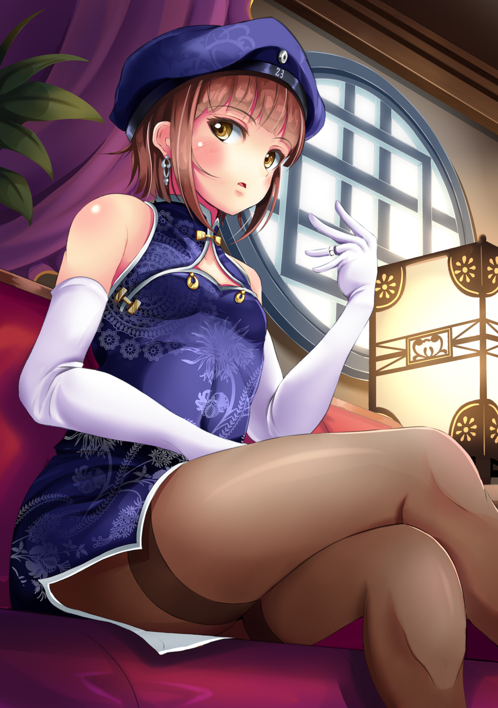 1girl :o alternate_costume auburn_hair bangs bare_shoulders beret blue_dress blue_hat blunt_bangs blush breasts brown_legwear character_name cleavage_cutout clothes_writing collarbone couch curtains dress earrings elbow_gloves eyebrows_visible_through_hair floral_print foreshortening gloves hand_on_lap hat highres indoors jewelry kantai_collection lantern legs_crossed light looking_at_viewer on_couch open_mouth pantyhose perspective plant potted_plant short_hair sitting sleeveless sleeveless_dress small_breasts solo thighband_pantyhose white_gloves window yellow_eyes yumibakama_meme z3_max_schultz_(kantai_collection)