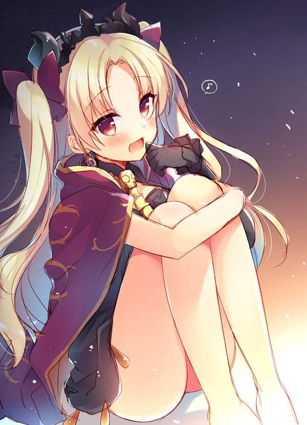 1girl :d ass bare_legs barefoot black_gloves blonde_hair blush bow cape earrings ereshkigal_(fate/grand_order) eyebrows_visible_through_hair fate/grand_order fate_(series) gloves gradient gradient_background hair_bow hand_to_own_mouth jewelry knees_up leg_hug long_hair looking_at_viewer musical_note open_mouth quaver red_eyes sazaki_ichiri single_glove sitting sketch skull smile solo spoken_musical_note tiara tohsaka_rin two_side_up