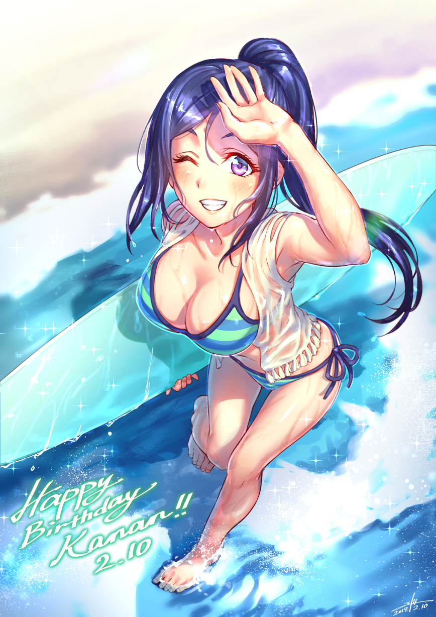 1girl barefoot bikini blue_hair blush breasts cleavage happy_birthday highres long_hair looking_at_viewer love_live! love_live!_sunshine!! matsuura_kanan one_eye_closed ponytail shore smile solo striped striped_bikini surfboard swimsuit wedo