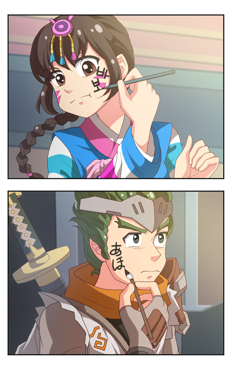&gt;:( 1boy 1girl :t artist_request braid brown_eyes brown_hair brush comic commentary_request d.va_(overwatch) face_painting fingerless_gloves forehead_protector genji_(overwatch) gloves green_eyes green_hair highres kimi_no_na_wa overwatch parody sword sword_behind_back weapon younger