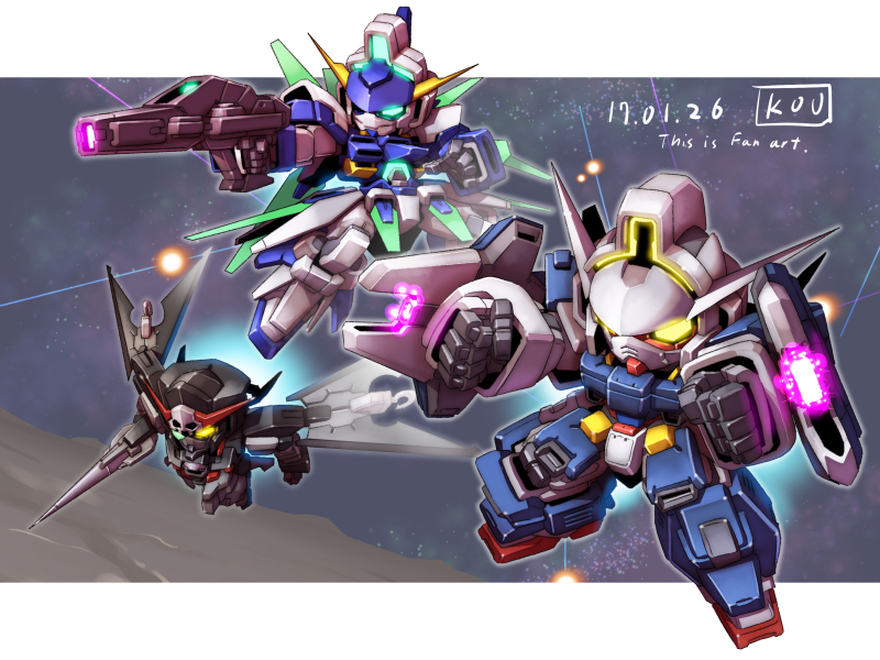 artist_name asteroid beam_rifle chibi clenched_hand dated energy_beam energy_gun english explosion glowing glowing_eye glowing_eyes gundam gundam_age gundam_age-1_glansa gundam_age-2_darkhound gundam_age-fx hook king_of_unlucky lance no_humans polearm space text weapon