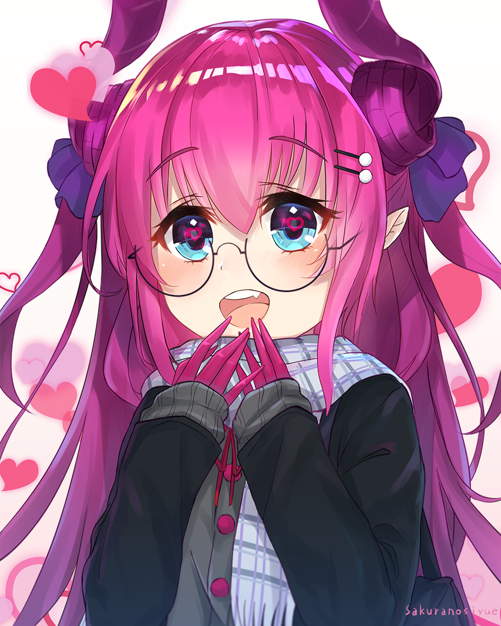 1girl :d artist_name bangs bespectacled black-framed_eyewear blue_eyes blush casual claws coat eyebrows_visible_through_hair fang fate/extra fate/extra_ccc fate_(series) glasses hair_between_eyes hair_ornament hairclip heart heart-shaped_pupils highres horns lancer_(fate/extra_ccc) long_hair long_sleeves looking_at_viewer open_mouth pink_hair pointy_ears round_teeth sakurano_shiyue scarf semi-rimless_glasses smile solo symbol-shaped_pupils teeth upper_body