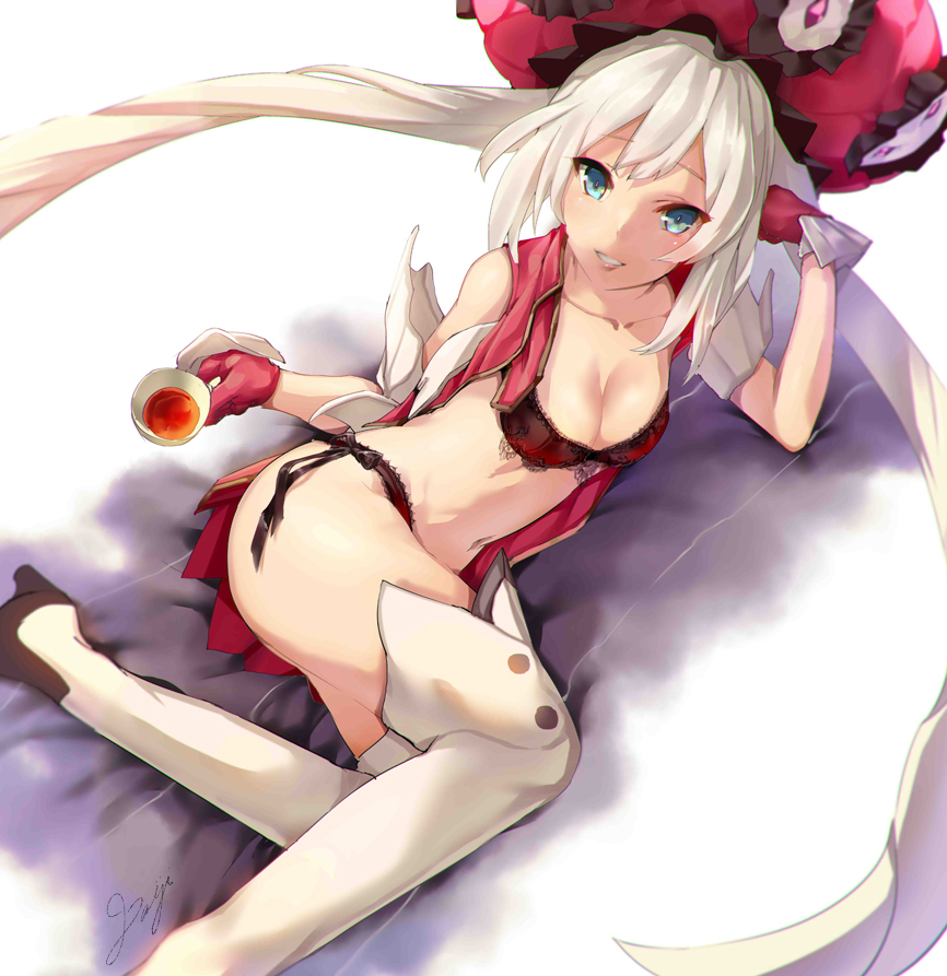1girl :d alternate_costume arm_support armadillo-tokage black_bow blonde_hair blue_eyes blush boots bow bra breasts cleavage cup fate/grand_order fate_(series) gloves grin hat high_heel_boots high_heels holding holding_cup lingerie long_hair looking_at_viewer lying marie_antoinette_(fate/grand_order) medium_breasts navel on_side open_clothes open_mouth open_vest panties pink_gloves pink_hat pink_vest red_bra red_panties side-tie_panties sleeveless smile solo stomach tea teacup thigh-highs thigh_boots underwear vest white_boots