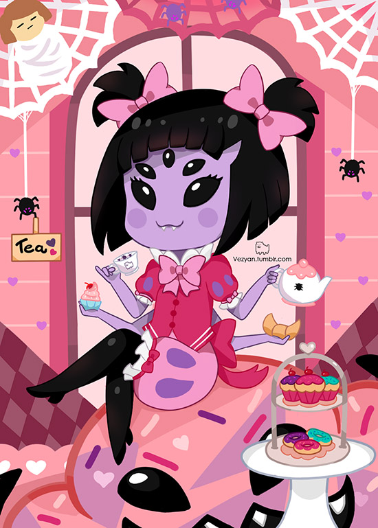 1girl black_hair boots doughnut fang fang_out frisk_(undertale) full_body heart looking_at_viewer monster_girl muffet pigtails short_hair tea tea_cup thigh_boots undertale