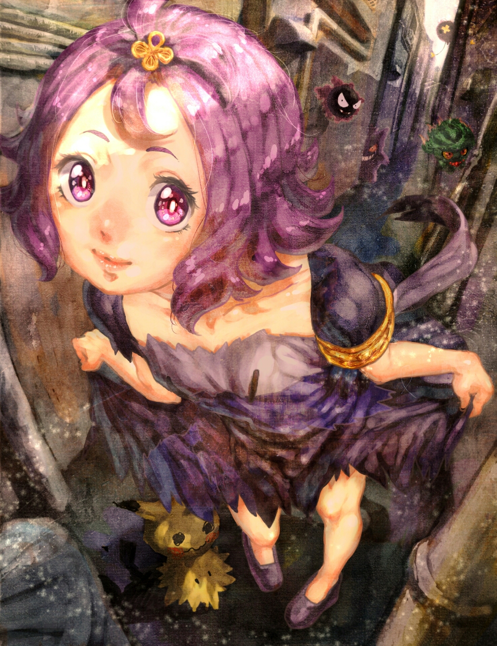 1girl acerola_(pokemon) alley alternate_footwear armlet bright_pupils building closed_mouth collarbone costume curtsey dress dress_lift drifloon elite_four eyelashes flat_chest gastly gengar hair_ornament highres leaning_forward lips looking_at_viewer mimikyu misdreavus pikachu_costume pokemon pokemon_(creature) pokemon_(game) pokemon_sm purple_hair purple_shoes shoes short_hair short_sleeves smile solo standing stitches topknot torn_clothes torn_dress torn_sleeves trash_can trial_captain violet_eyes zawaty