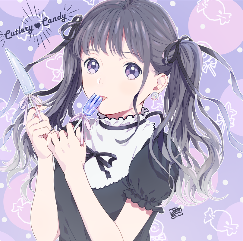 1girl black_hair candy fork knife mosuko original twintails violet_eyes