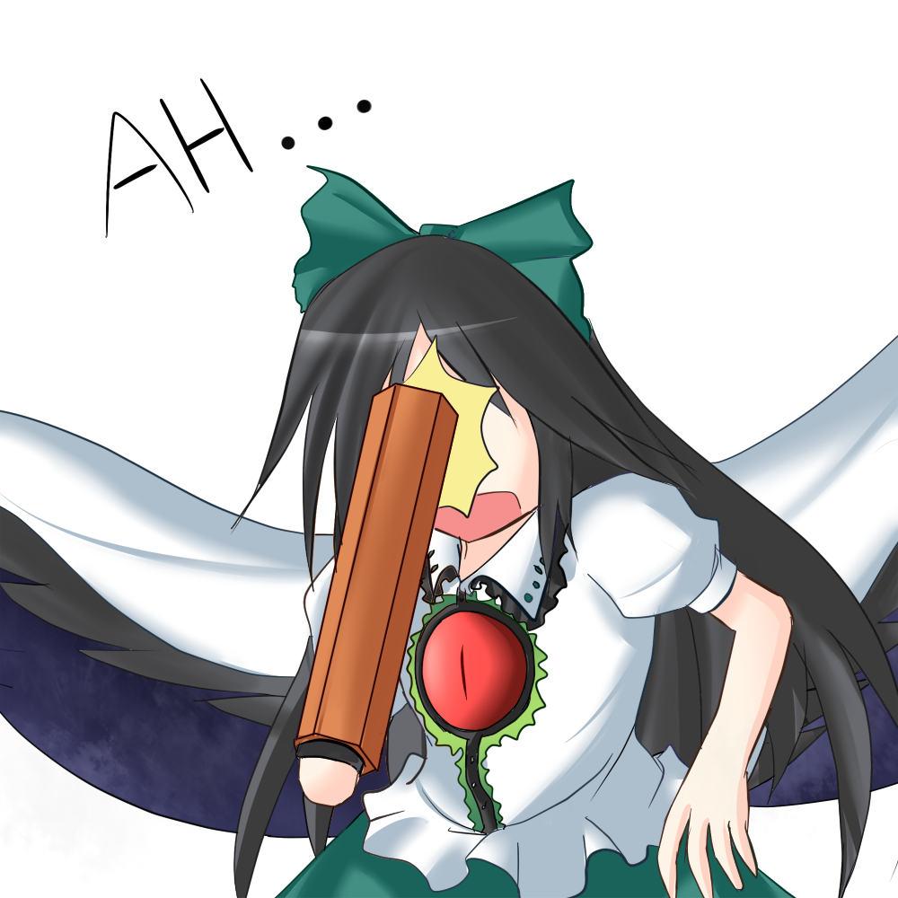 1girl arm_cannon black_hair bow facepalm failure green_bow hair_bow long_hair puffy_short_sleeves puffy_sleeves reiuji_utsuho rexlent shirt short_sleeves simple_background solo touhou upper_body weapon white_background white_shirt you're_doing_it_wrong