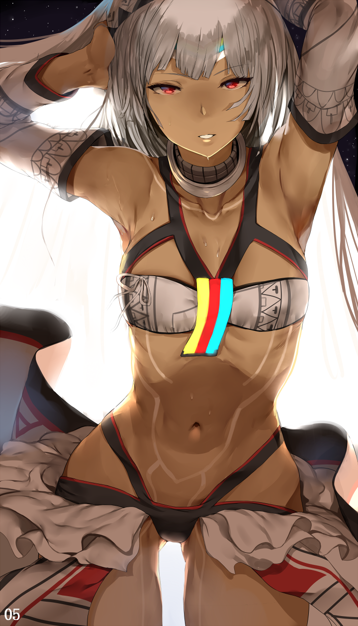 1girl altera_(fate) armpits arms_behind_head arms_up bangs bare_shoulders blunt_bangs breasts collar collarbone cowboy_shot dark_skin detached_sleeves eadpiece fate/grand_order fate_(series) full_body_tattoo grin hews_hack highres legs_apart long_hair long_sleeves looking_at_viewer navel page_number parted_lips red_eyes revealing_clothes small_breasts smile solo standing stomach sweat tattoo teeth tsurime
